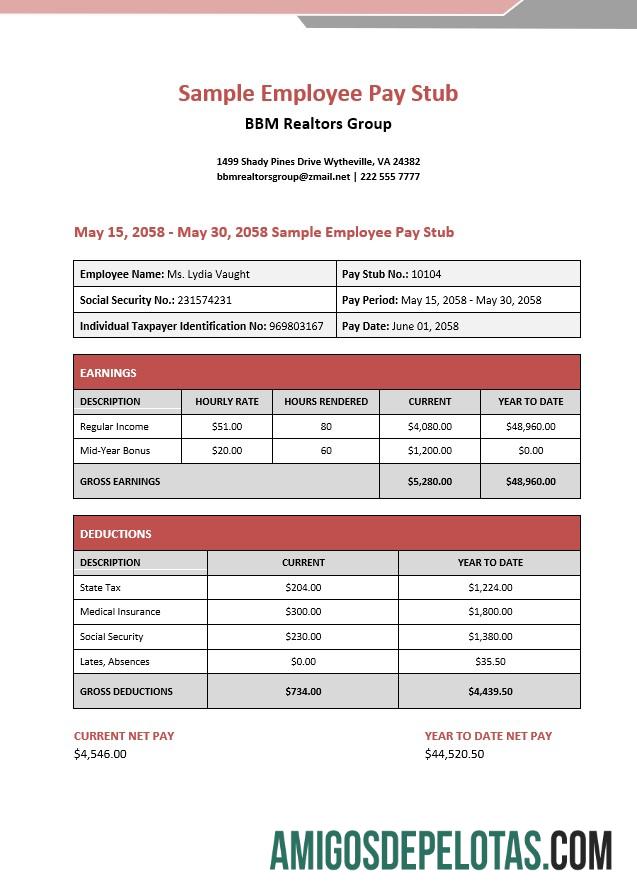Recibo de pagamento de funcionário do BBM Realtors Group em formatos PDF e Word modelo